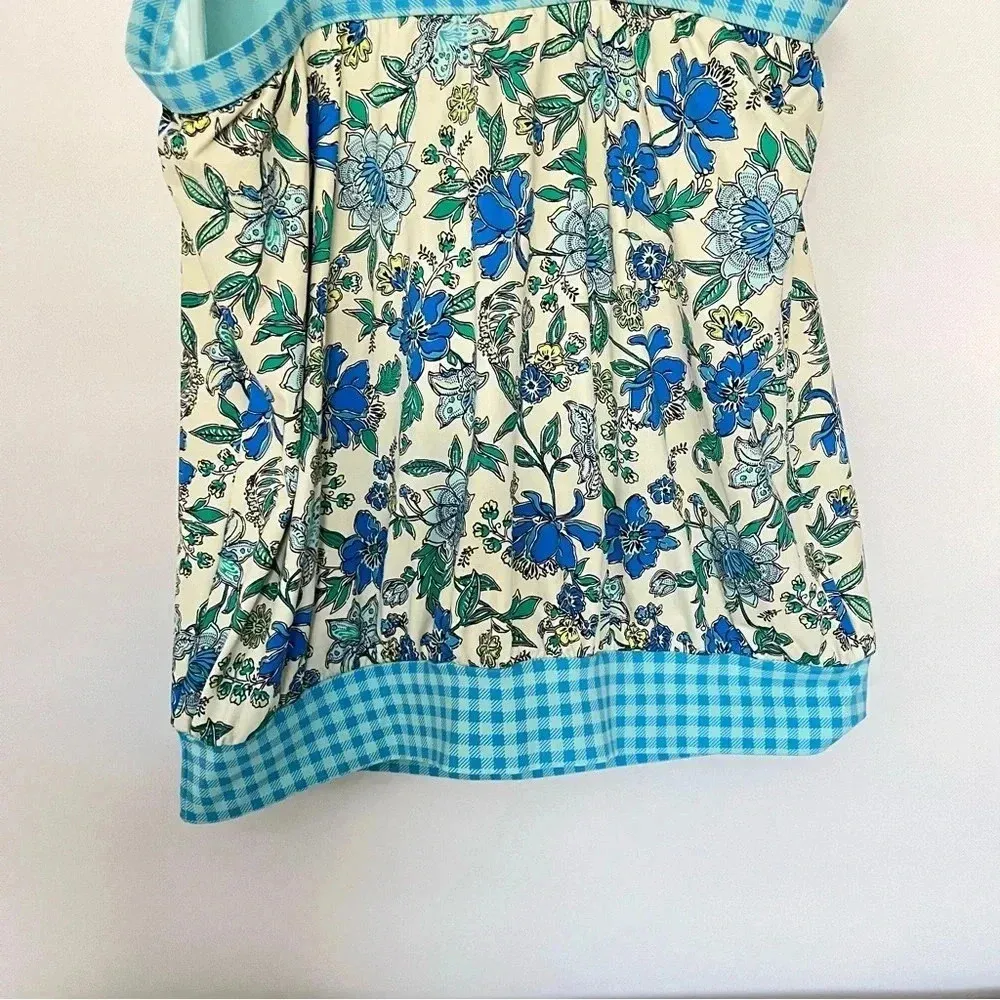 Lands' End Tankini Top Size 12 DD Blouson Lotus Floral/Gingham Swimsuit Blue - Image 5