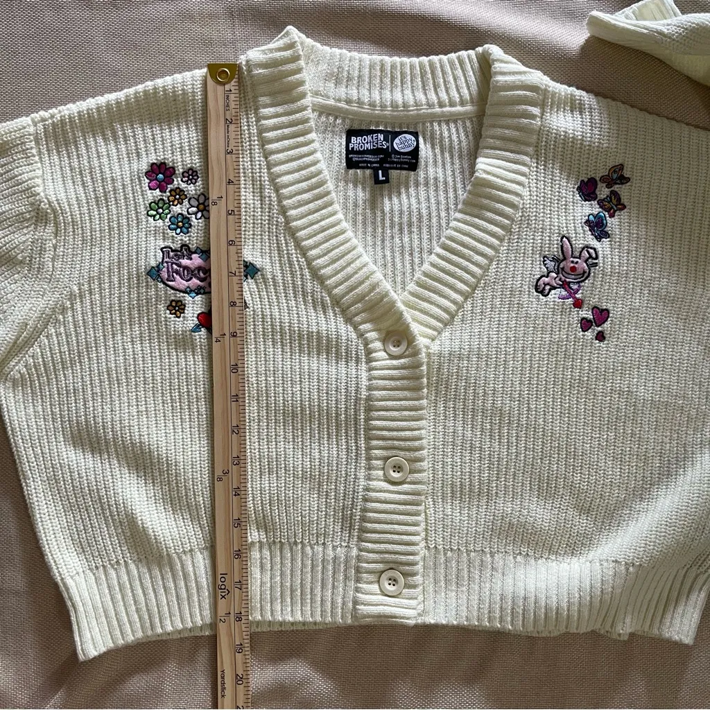 Chunky Knit Cropped Cardigan Sz L Happy Bunny Oversized Y2K Indie Sleeze Kidcore - Image 13