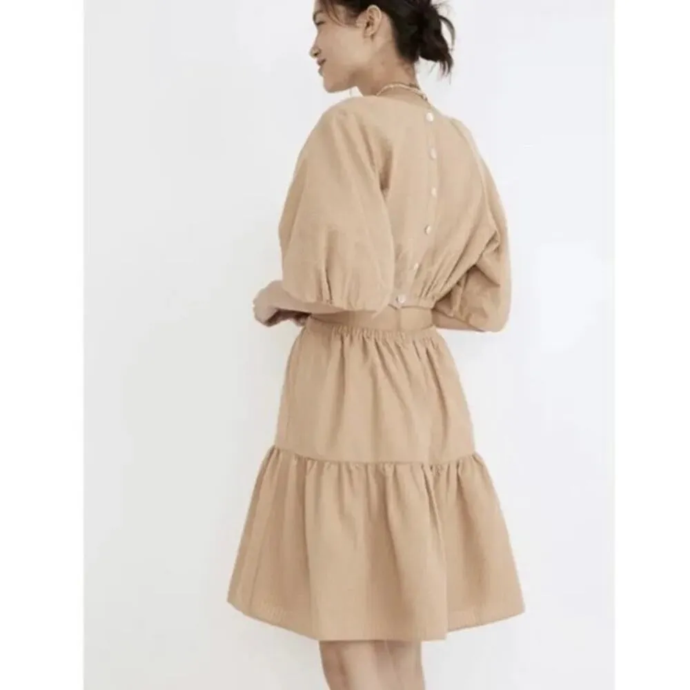 Seersucker Puff-Sleeve Cutout Short Mini Dress Large Women’s Seed Khaki - Image 6