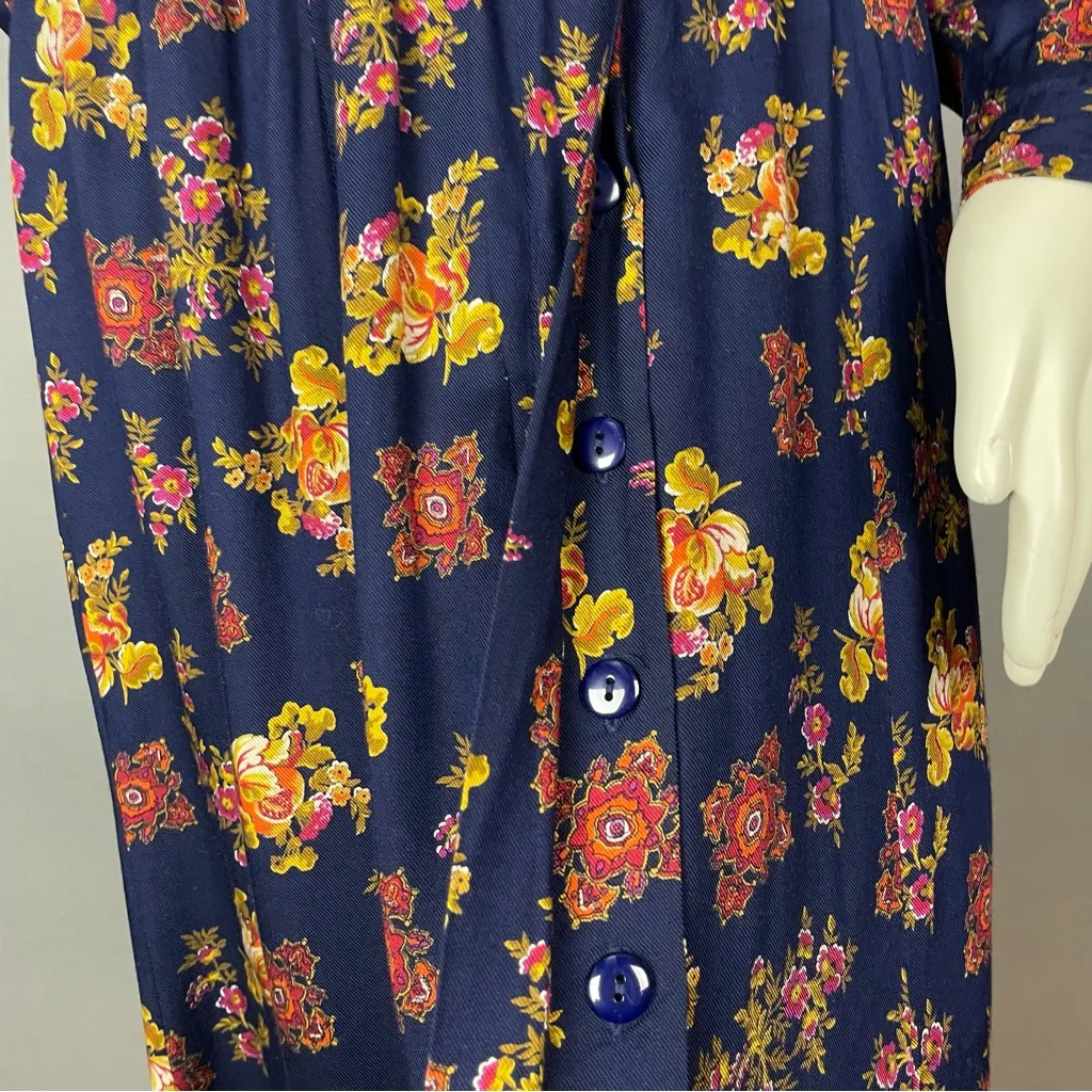 Vintage Floral Midi Dress‎ Navy Blue Long Sleeve Belt Rayon Modest 80s Momcore Size 8 - Image 14