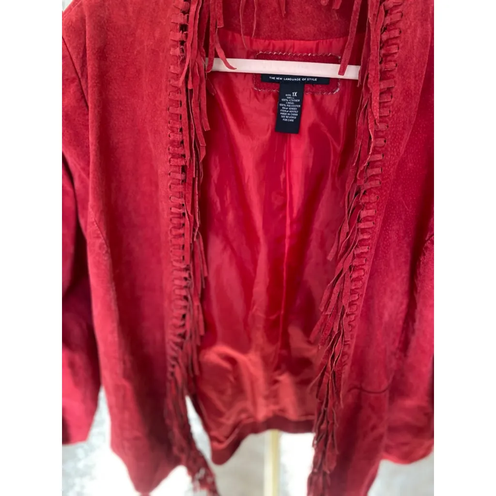 Dialogue Red Leather Fringe Jacket 1X Boho Western Quiet Luxury Festival Suede - Image 4