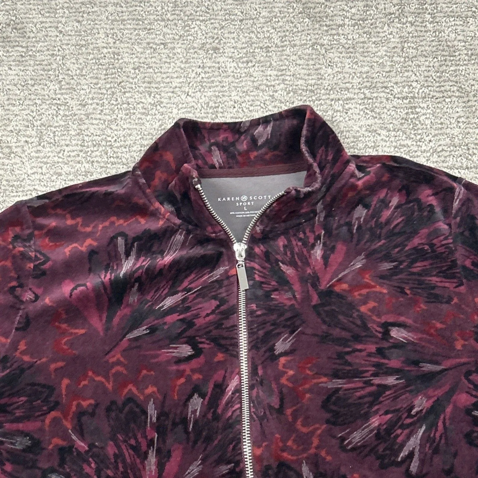 Karen Scott Jacket Womens Large Black Burgundy Floral Velvet Full Zip Velour - Image 2
