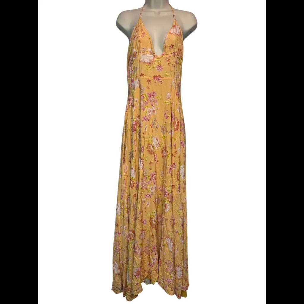 Showpo Yellow & Orange Floral Babydoll Flowy Halter Maxi Dress Women's 8 - Image 2