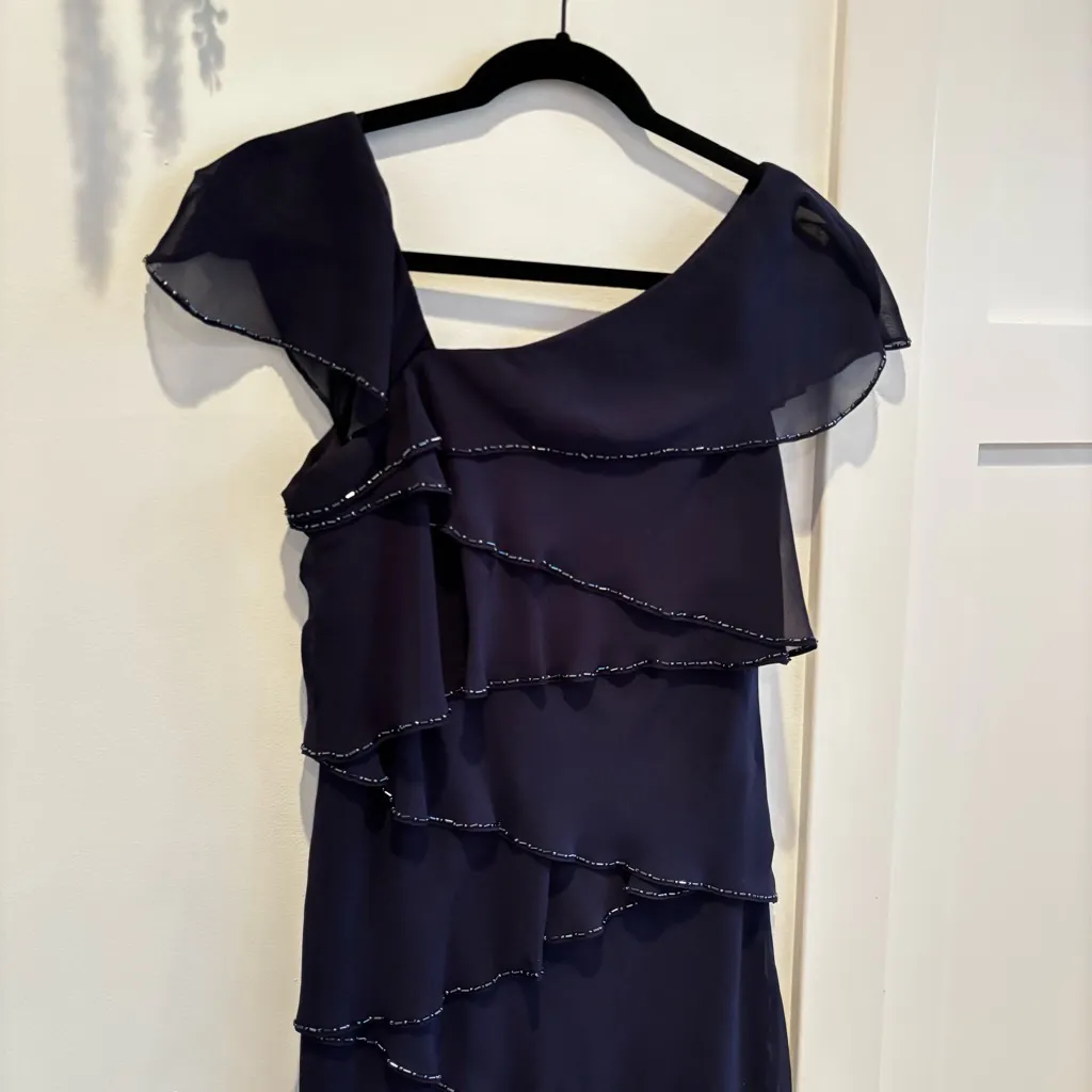 Patra Tiered Beaded Trim Navy Fairy Women's Midi Dress Asymmetrical Neckline 6 Blue - Image 3