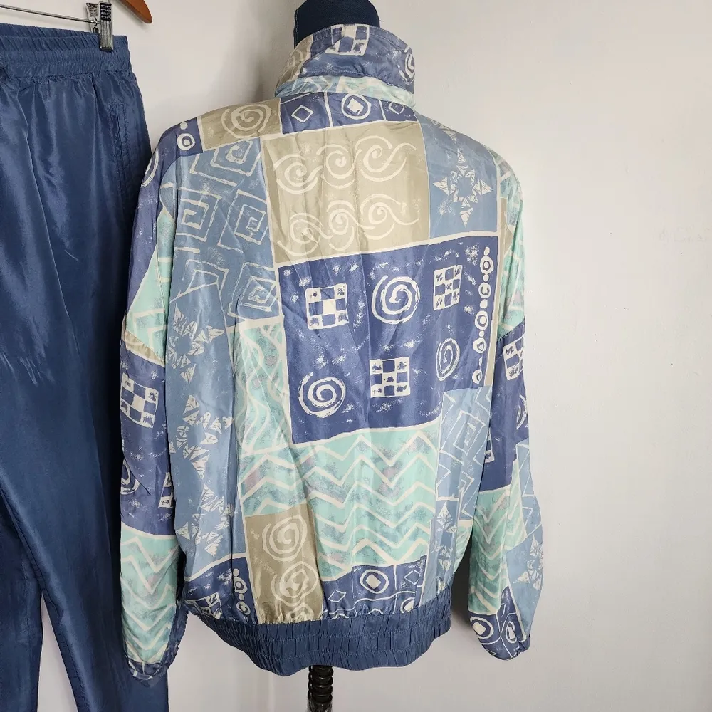 Vintage 2pc Tracksuit Silk Geometric Design Blue Size M - Image 6