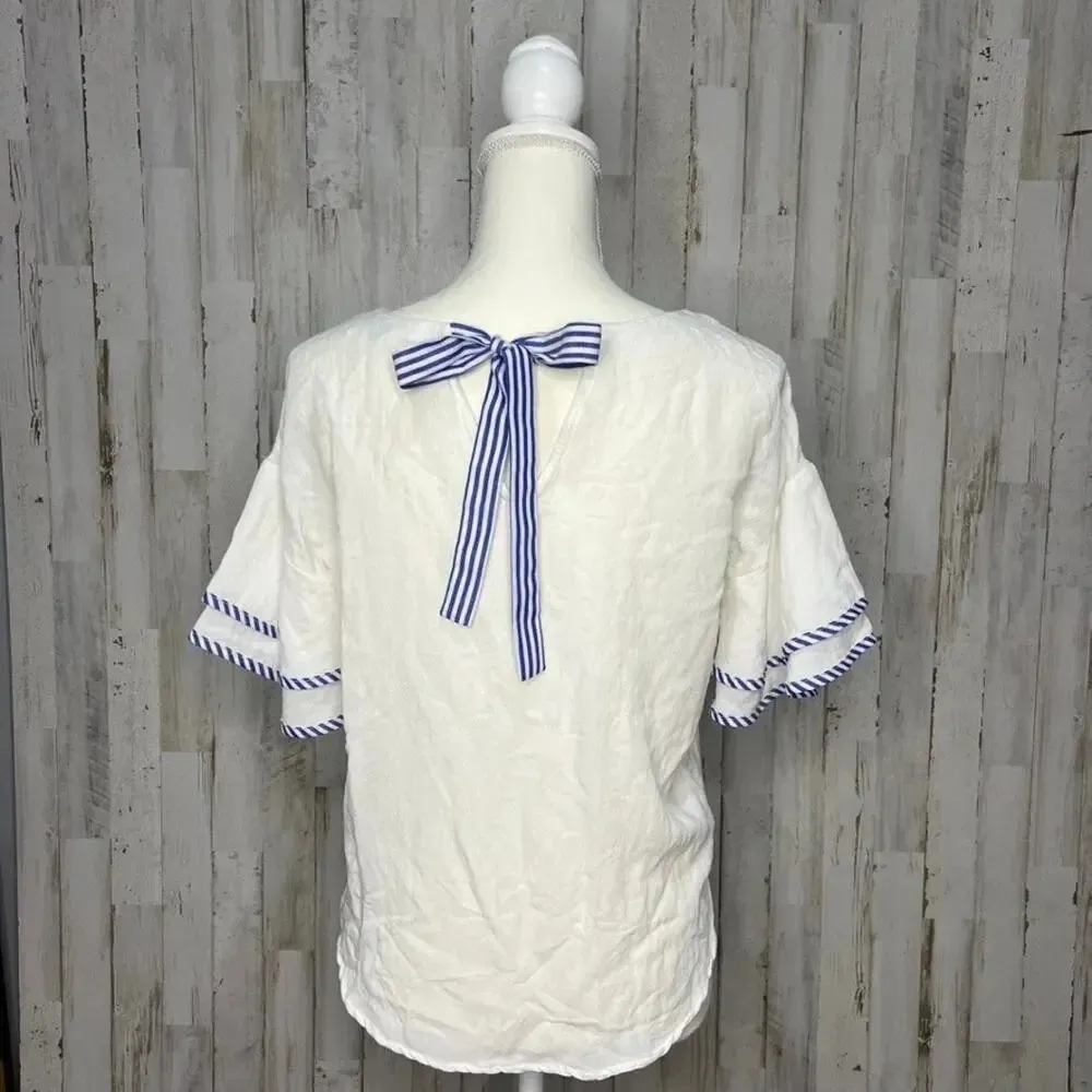 Polagram‎ Women's White Bell Sleeve Blouse Blue Stripe Trim Size Small - Image 5