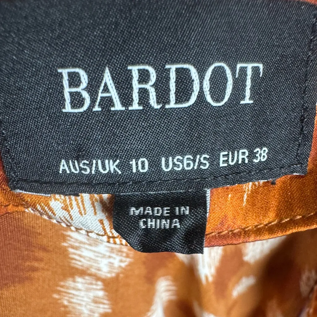 Bardot Mayah spliced rust and white scratch print satin midi slip skirt size 6 - Image 5