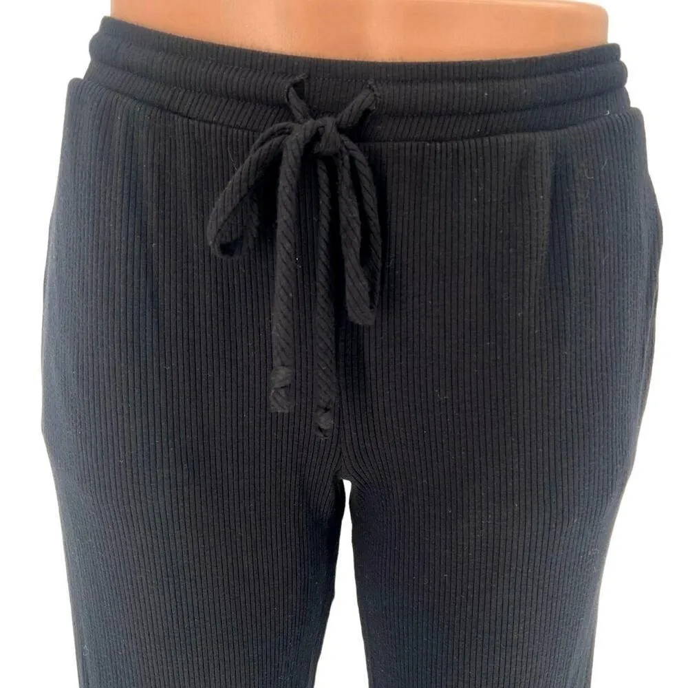 Aqua Black Ribbed Mid Rise Drawstring Cropped Relaxed Lounge Sweat Pants Size S - Image 2