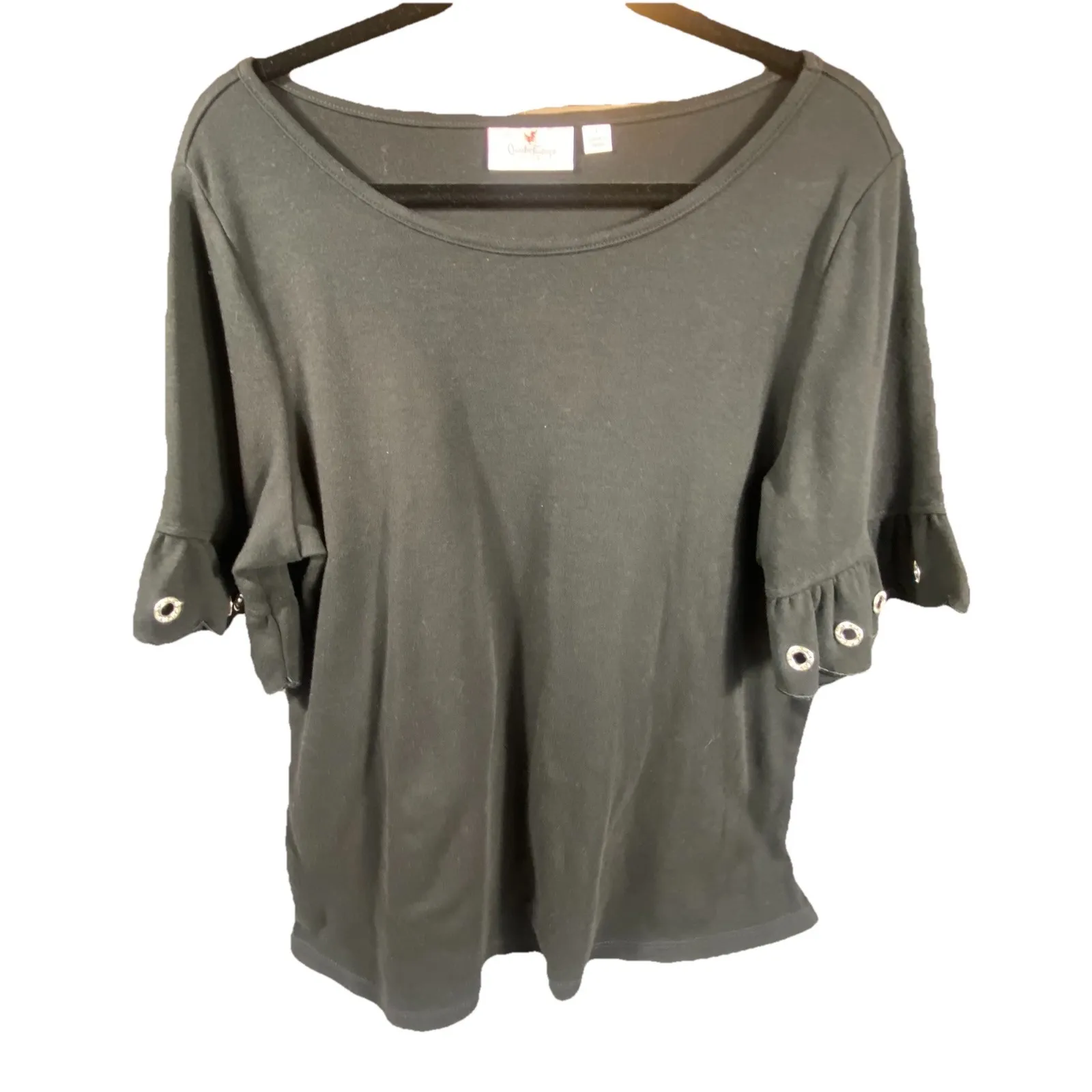 Quacker Factory Top Shirt Large Silver Grommets Ruffle Elbow Sleeves Black Soft - Image 4