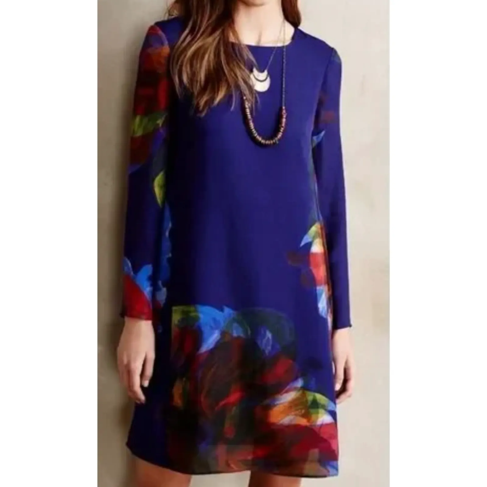 Anthropologie Leifsdottir Blue Silk Swing Dress Abstract Floral Back Zip M - Image 11