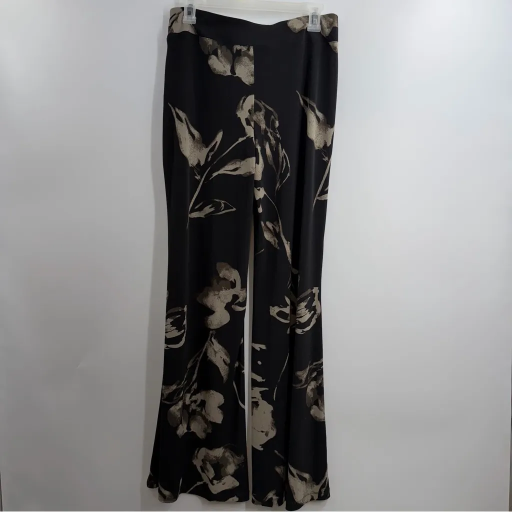 Joseph Ribkoff black/taupe wide leg palazzo pants pull on floral abstract US 8 - Image 4