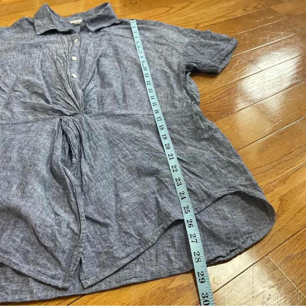 Carlson Chambray Linen Button Up Top Tunic Twisted waist front Blue Sz medium - Image 6