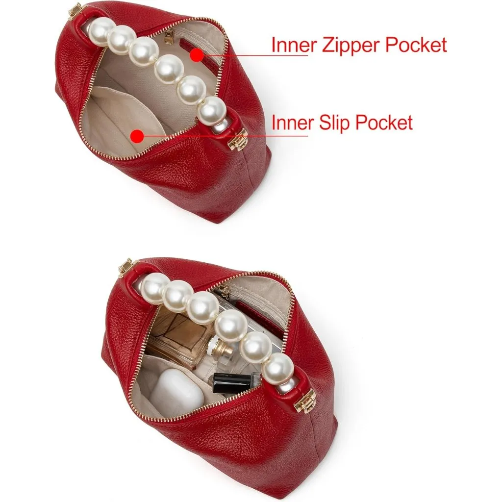 ⚡ Women's Top Handle Chain Pearl Strap Leather Crossbody Tote Red Bag - Image 5