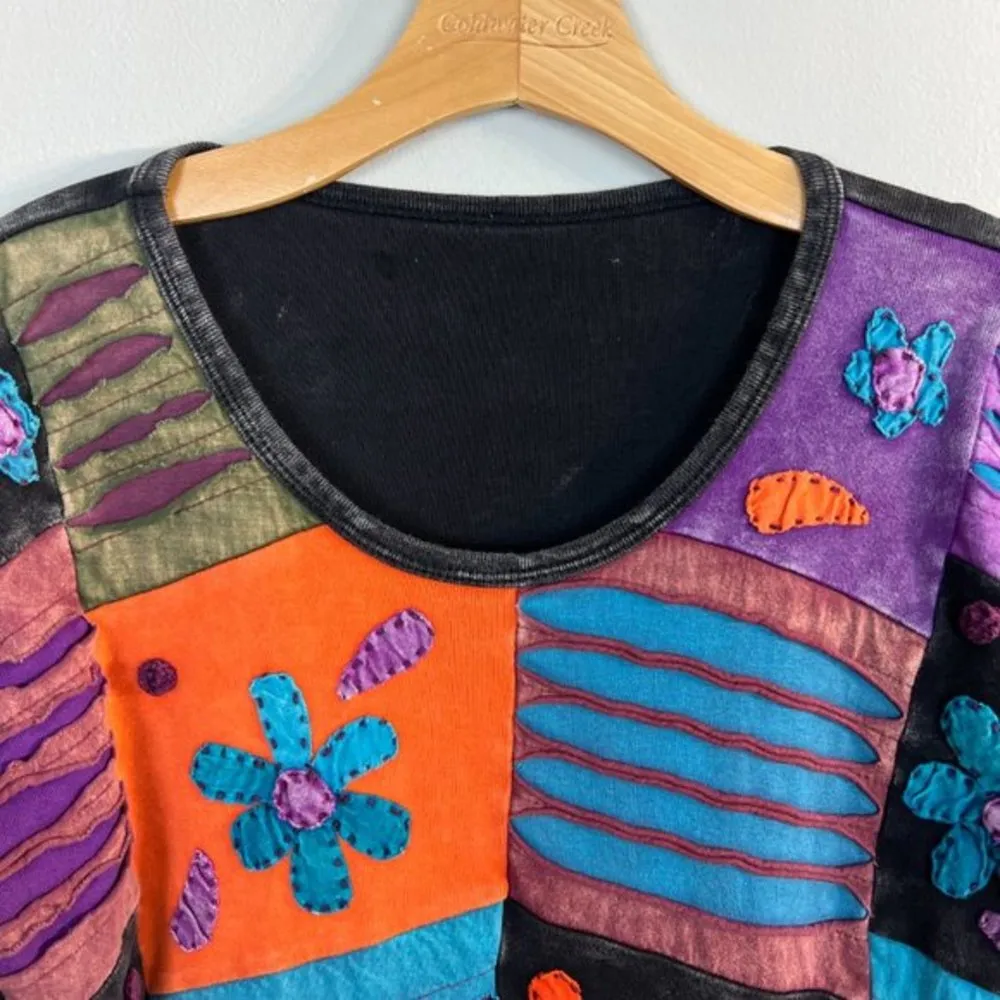 Art To Wear Top M Black Multicolor Floral Patchwork Embroidered Artsy Boho Women Size M - Image 2