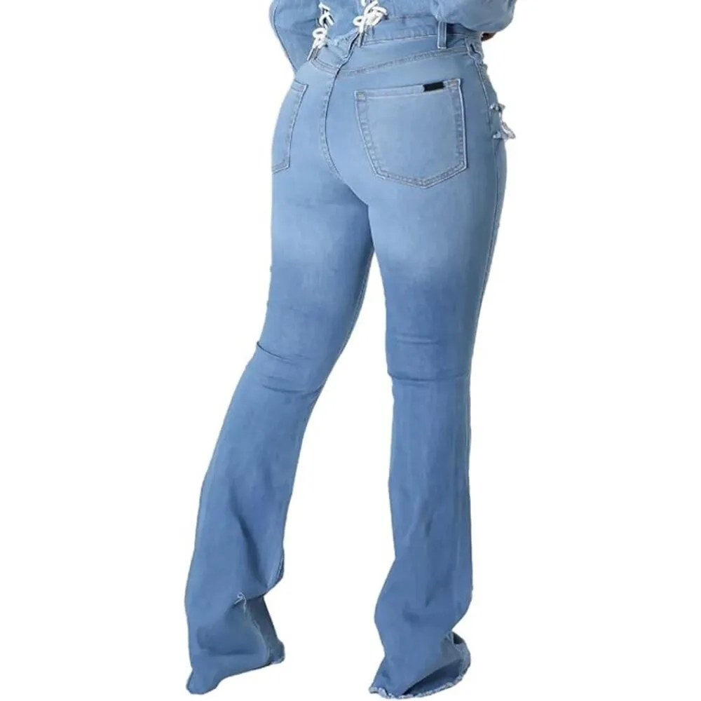 SeNight Women Bell Bottom Raw Hem Accent in Blue, Size XL Blue - Image 3