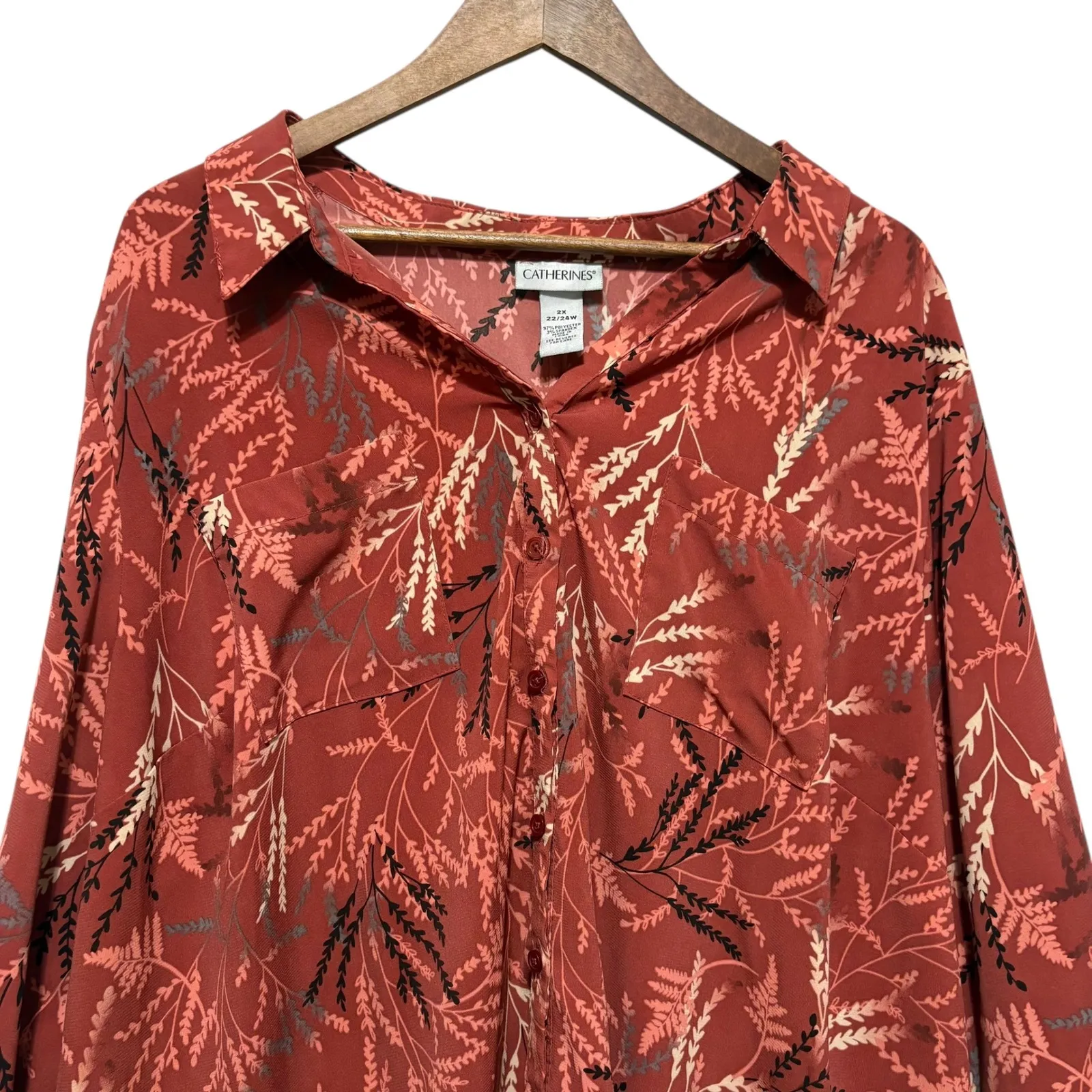Catherines Women Boho Button Tunic Top 2X Rust Abstract Leaf Print Whimsy Earthy - Image 3