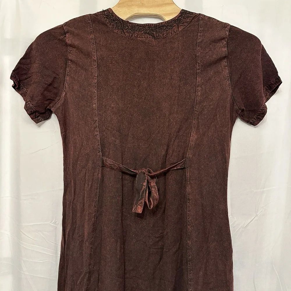 Magic Dress One Size Burgundy Embroidered Short Sleeve Maxi Adjustable Waist Tie - Image 6