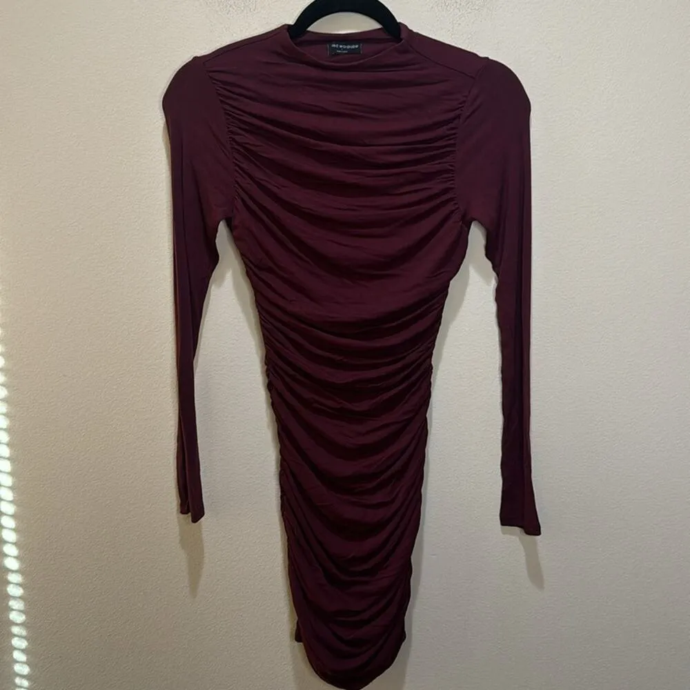 naked wardrobe Ruched Long Sleeve Open Back Mini Dress - Wine Size S - Image 3