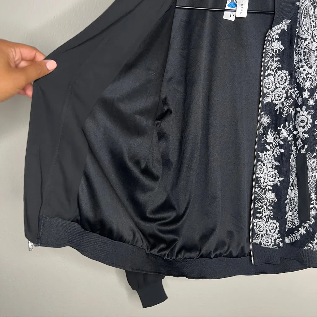 Society Girl Embroidered Mesh Chiffon Full Zip Front Bomber Jacket Lace Boho - Image 13