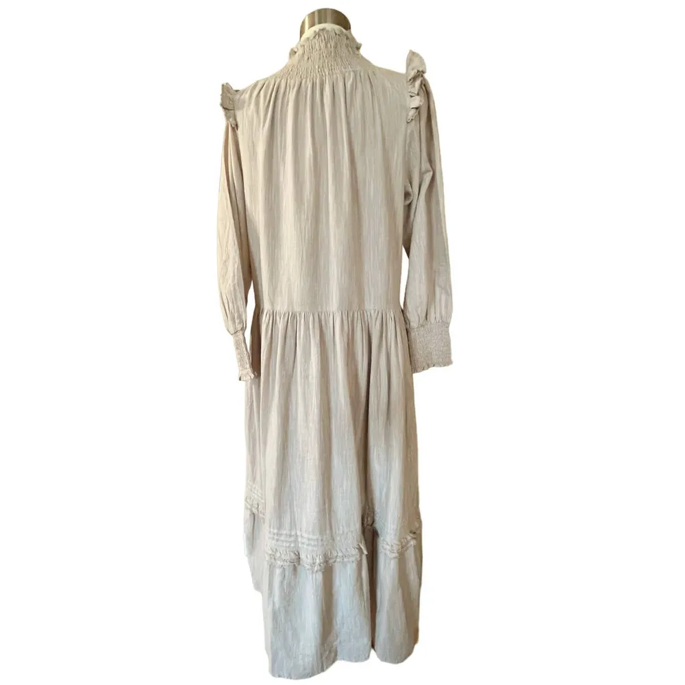 ROLLER RABBIT Maxi Dress Delfia Beige Ruffle Trim High Neck Long Sleeves Small - Image 2