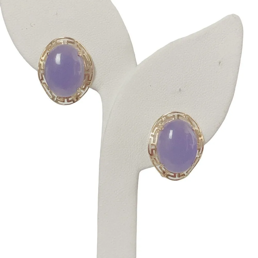 14K 14KT 585 Yellow Gold Purple Jade Omega Back Stud Earrings - Image 3