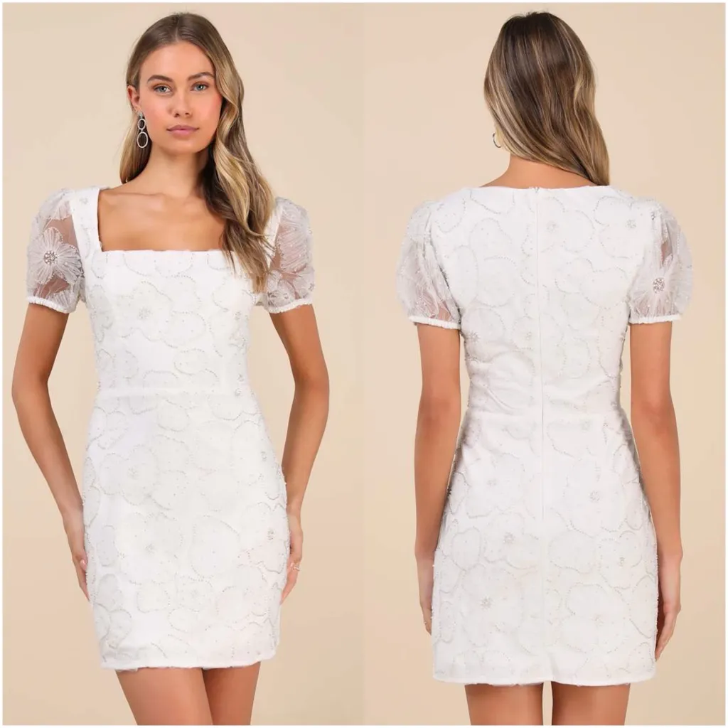 LULU’S Tarabya White 3D Floral Beaded Mini Dress - Image 2