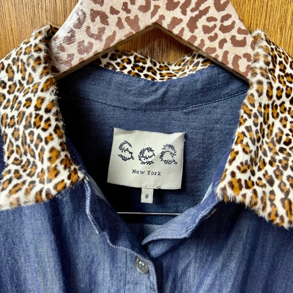 Sea New York Short Sleeve Leopard Collar Denim Shirtdress Mini Dress Blue 8 - Image 6