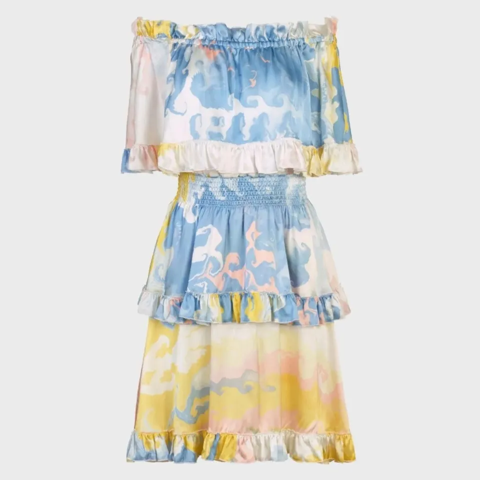 Anne Fontaine Ceramic Silk Watercolor Off the Shoulder Ruffle Mini Dress Blue Size XS - Image 3