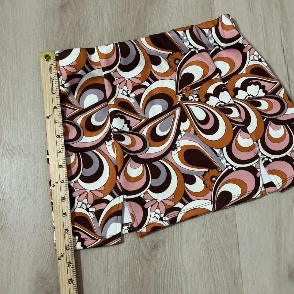 Bershka Retro Swirl Print Boho Mini Skirt Brown Pink White Women's Size S - Image 4