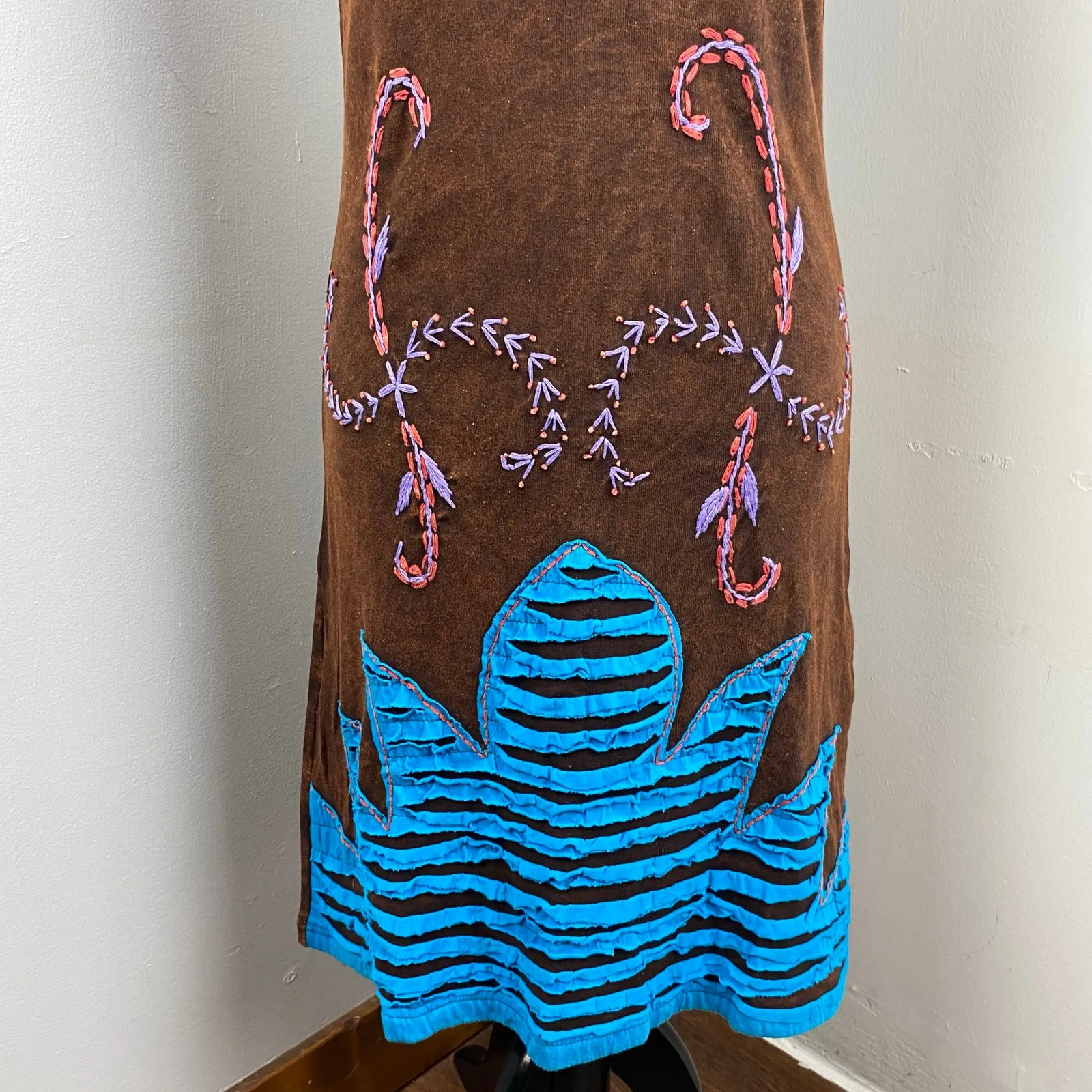 KPC Boho Multicolored Razor Cut Handcrafted Embroidered Bodycon Dress XXL Brown - Image 3