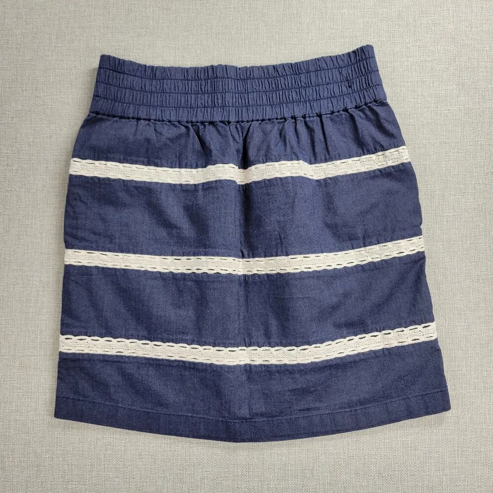 Banana Republic Womens Skirt Sz 2 Navy Chambray Lace Striped Elastic Waist Mini - Image 3