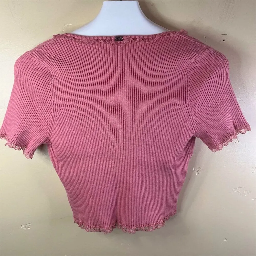 For Love & Lemons Calla‎ Knit Women's Pink Cropped Knit Top Size L Bow Accent - Image 7