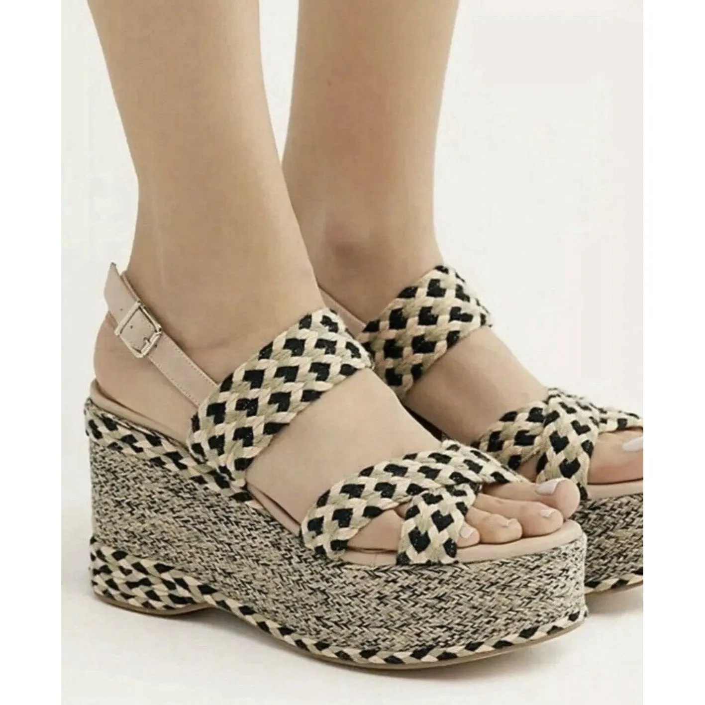 Free People Dolce Platform Wedge Size 38 Pink, Green, And Black Woven Design - Image 2