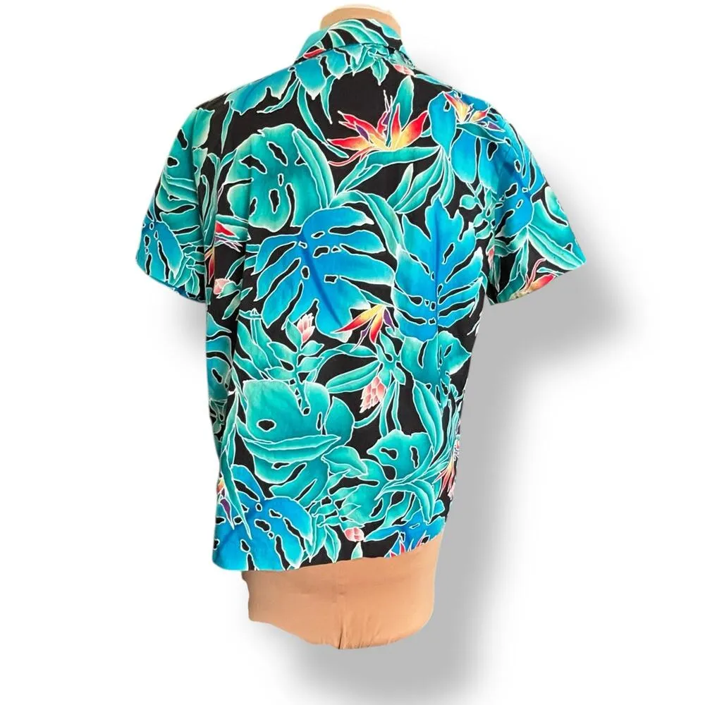 Vintage 90s Hilo Hattie Hawaiian Shirt Black Teal Monstera Floral Pattern Large - Image 4