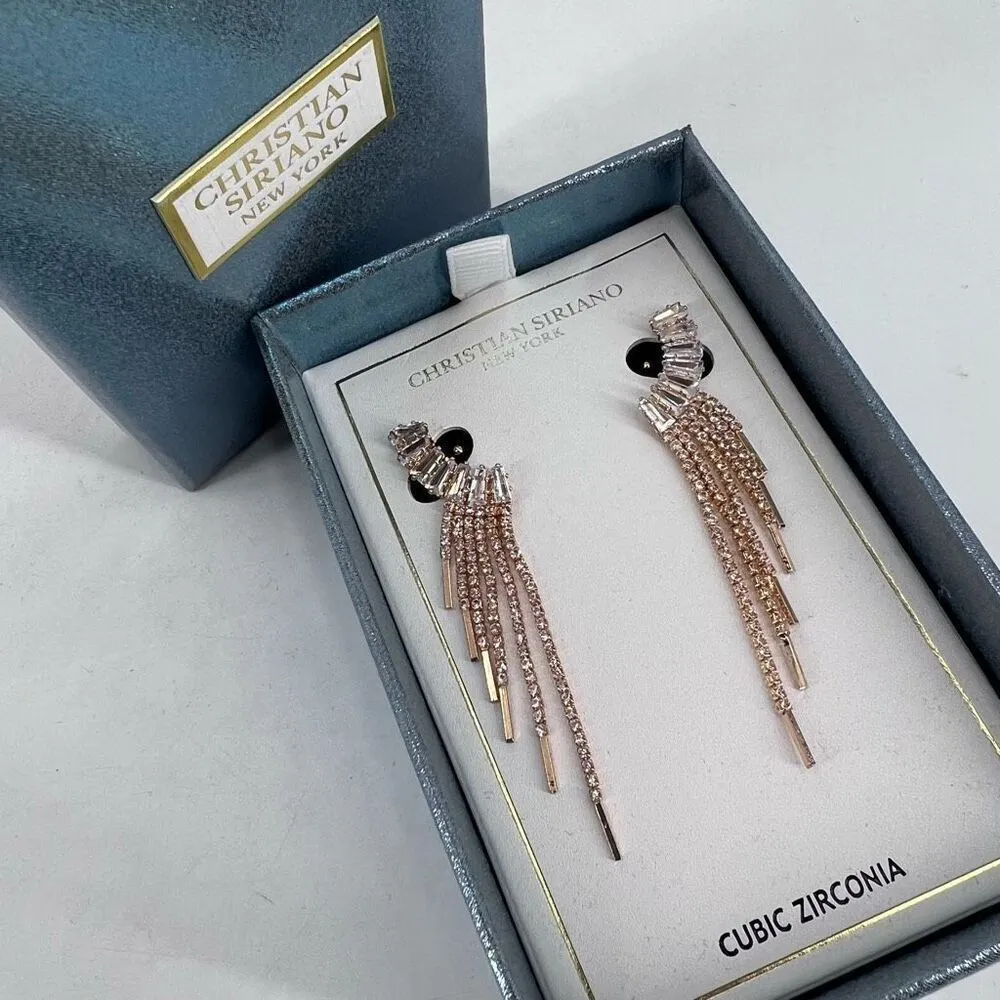 NWT Christian Siriano Waterfall Rhinestone Baguette Earrings Wedding Prom Fringe Gold - Image 2
