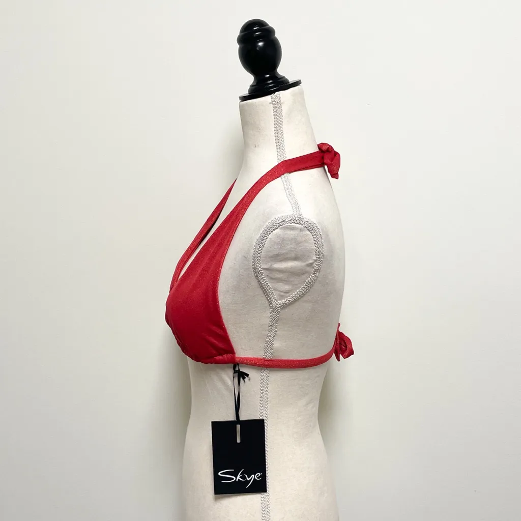 Skye Red Metallic Gold Sparkle Sliding Halter Bikini Top NWT Small Soft Cup - Image 3