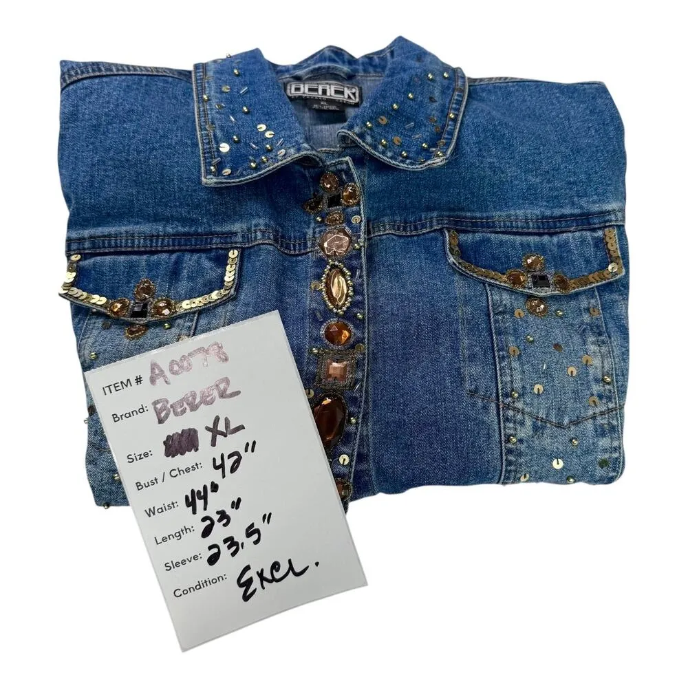 Designer Jean Jacket BEREK 2 COLLECTION Womens XL Takako Sakon Sequin Rhinestone Blue - Image 11