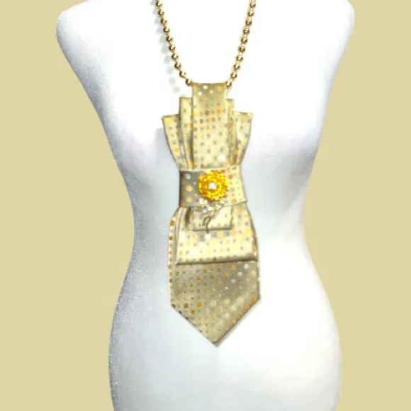 “Dainty Dapper” gold necktie necklace with rhinestone brooch Black - Image 2