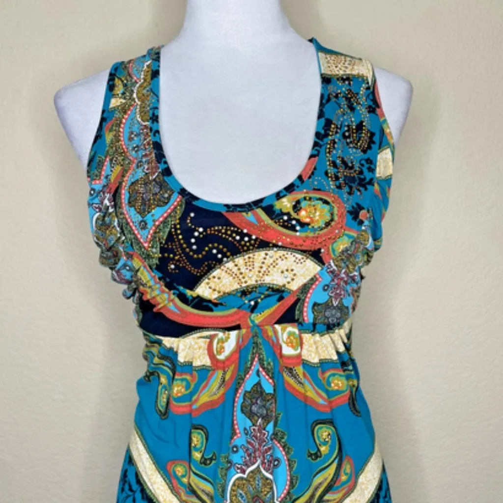 Women's Embellished Multicolor Maxi Dress Boho Dark Paisley Sz Medium - Image 2