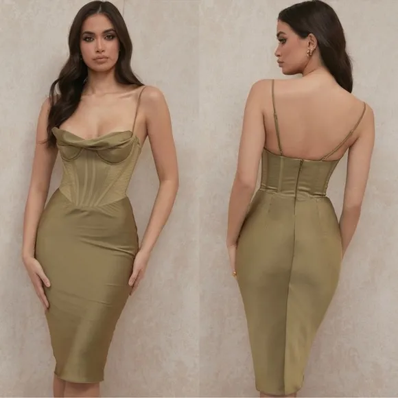 NWOT HOUSE OF CB Myrna olive green Satin Corset Midi Dress sz S - Image 2