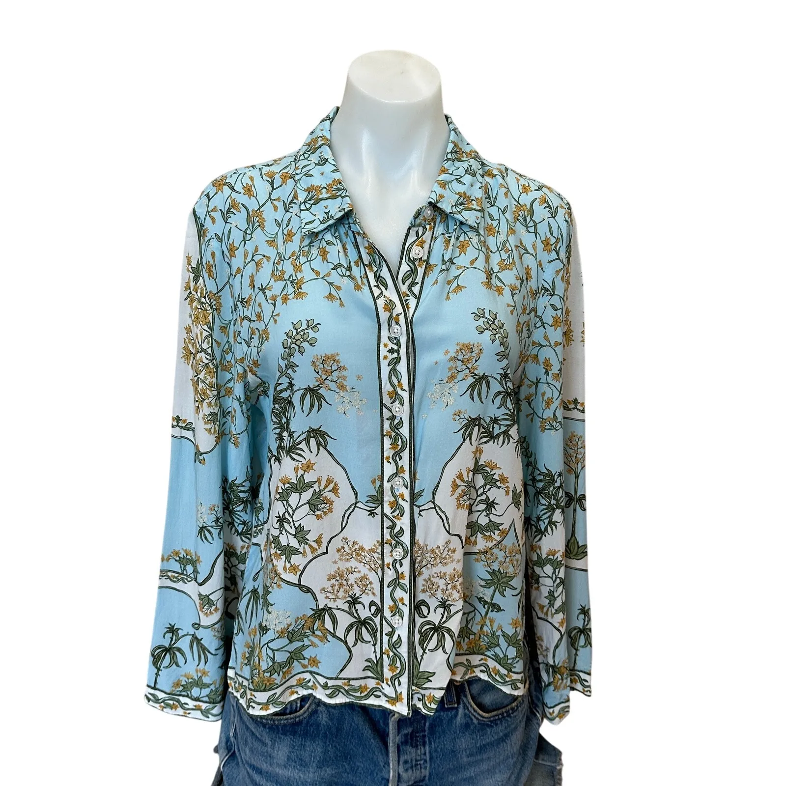 Derek Lam Blue Floral Button Up Shirt Size 10 Challis Vacation Designer $300 - Image 10