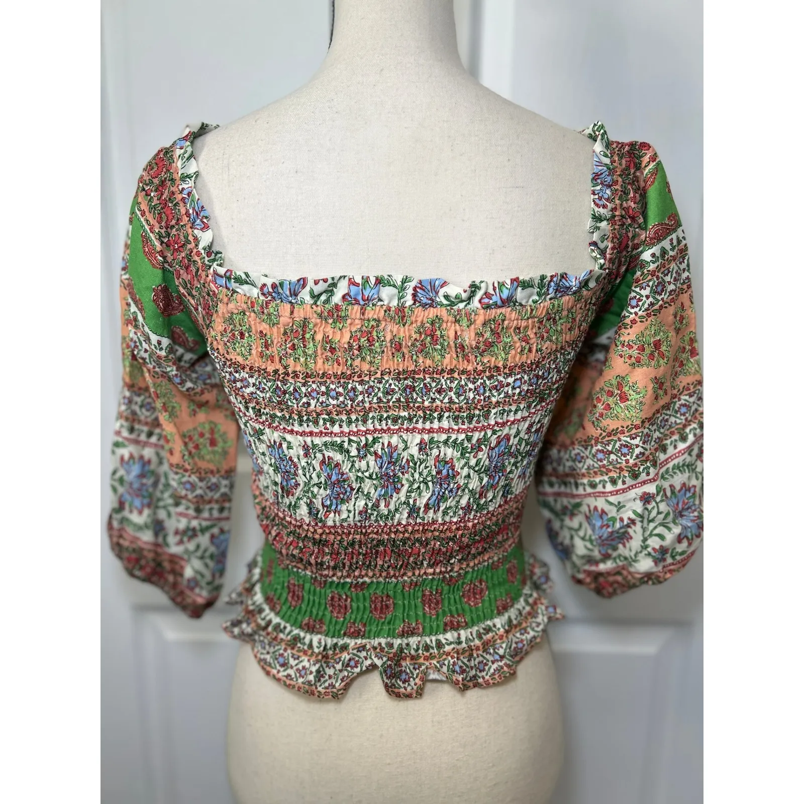 Zara Smocked Crop Top Floral Print Linen Square Neck 3/4 Sleeve‎ Blouse M - Image 3