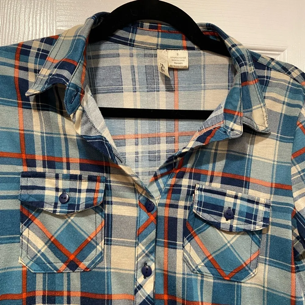 Bella D Size S Cream Blue Plaid Long Sleeve Button Down Flannel Shirt Pockets - Image 5