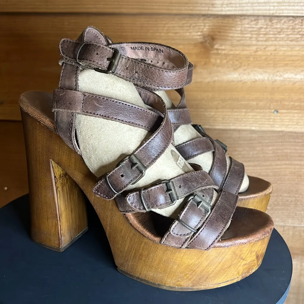 Musse & Cloud Malena Leather Platform Sandal Heel Shoe Brown Strappy Wood Buckle - Image 3