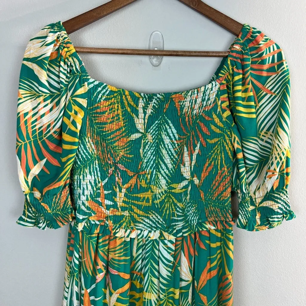 Betsey Johnson Maxi Dress Small‎ Green Palm Leaf Tropical Smocked Puff Sleeve - Image 3