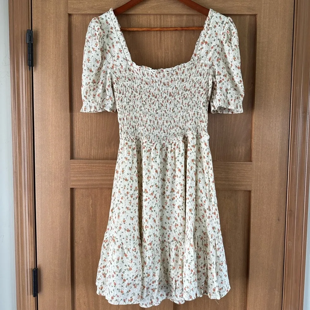 MINE Cream with Peaches Ruffle Mini Dress size Medium​​ Orange - Image 7