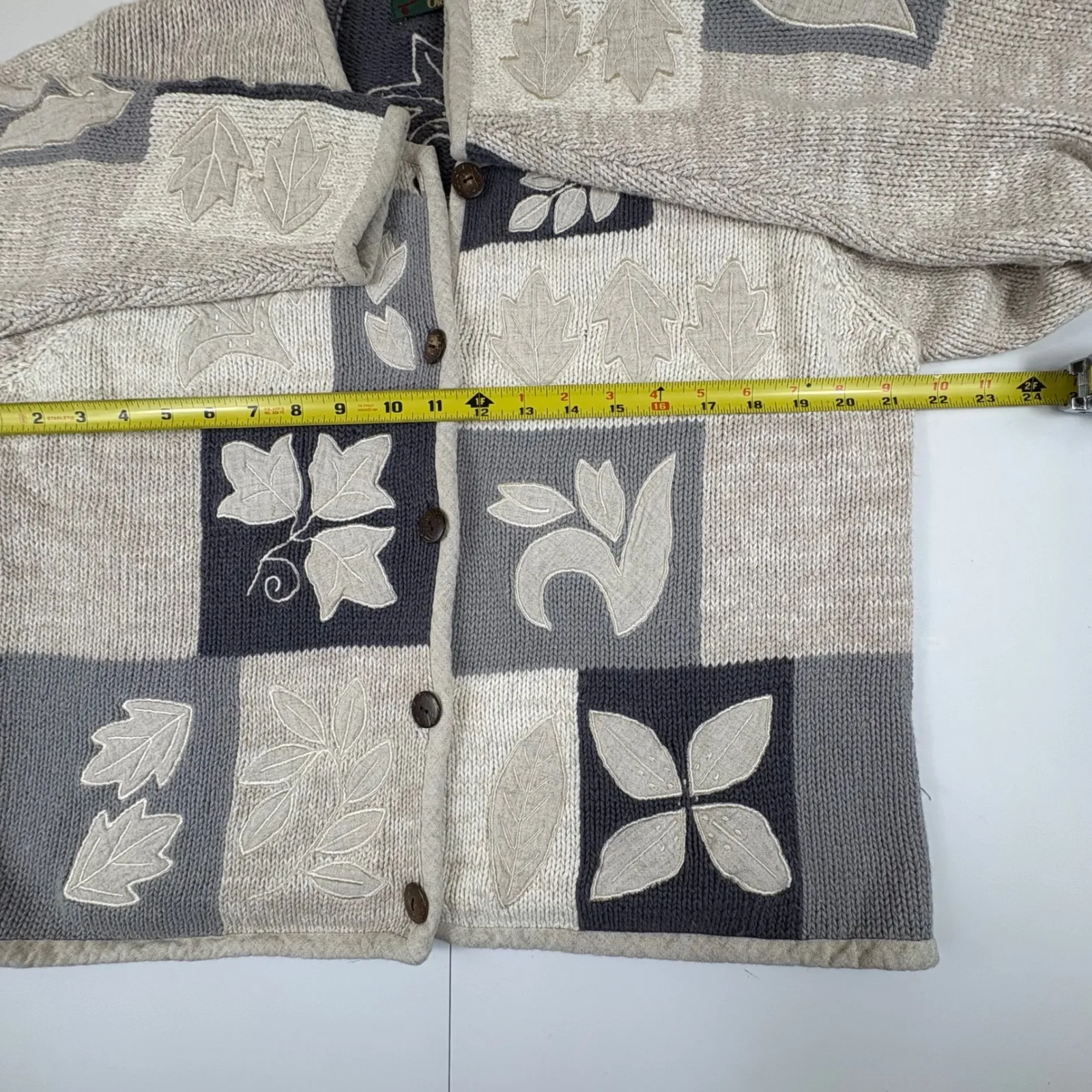 Vtg ORVIS Womens Patchwork Leaf Cardigan Sweater L Gray Button Front‎ Knit Y2K - Image 11