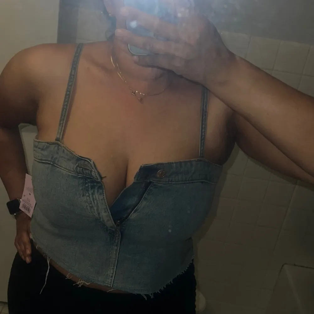Stylish Denim Bustier Top Y2K Crop Tank Top Distressed RARE - Image 3