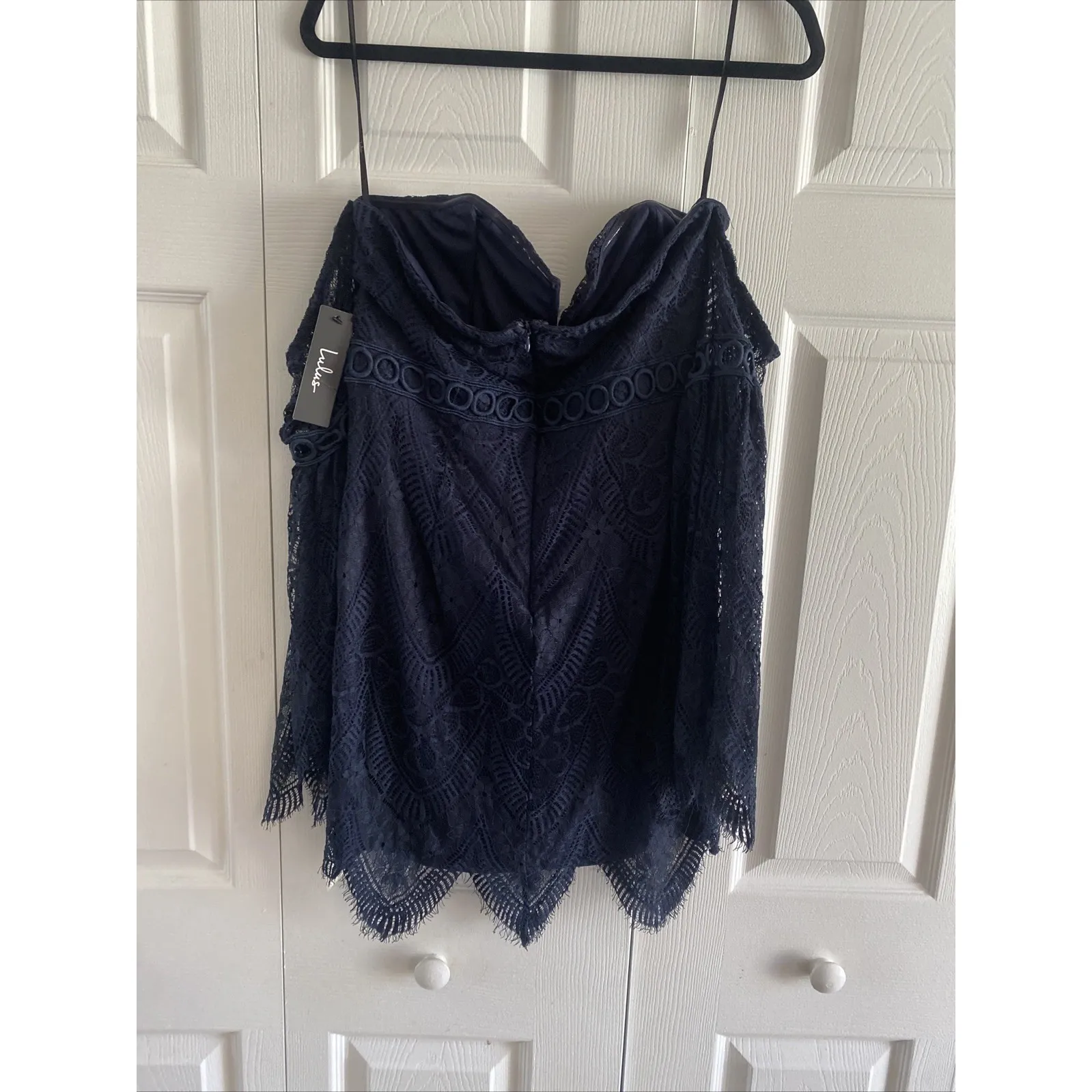 Lulus Womens Large Navy Cambridge Lace  Overlay Dress New Bodycon Cocktail Event - Image 3