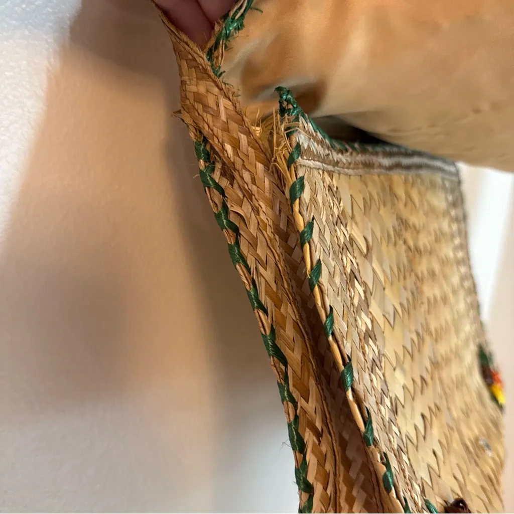 Vintage 1960s Woven Straw Purse Handbag Boho Flowers Green Orange Yellow - Image 8